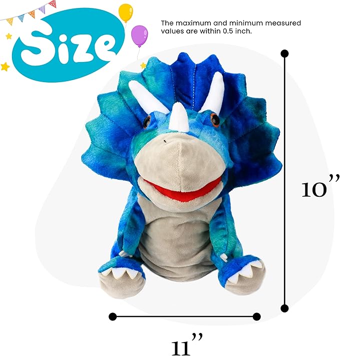 Cuteoy Plush Triceratops Hand Puppet Stuffed Animal Toy Open Movable Mouth Creative Role Play Storytelling Dinosaur Plushies Gifts for Kids Toddlers Birthday Christmas