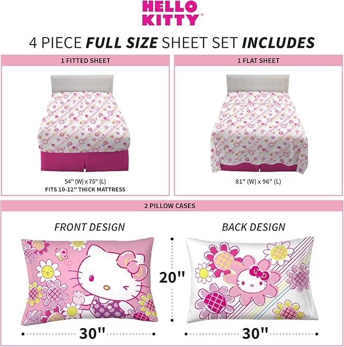 Hello Kitty Bedding Super Soft Microfiber Sheet Set, Full, Hello Kitty, (Officially Licensed Product) by Franco