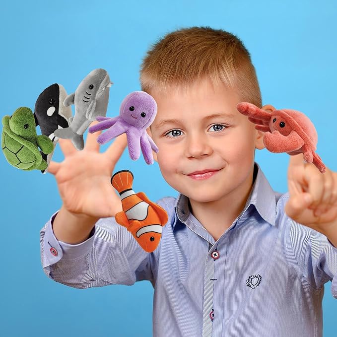 6pcs sea Finger Puppets with a Shell House，Novelty Animals Toys Puppet for Kids, Storytelling Role-Playing Plush Finger Puppets Gifts for Boys and Girls