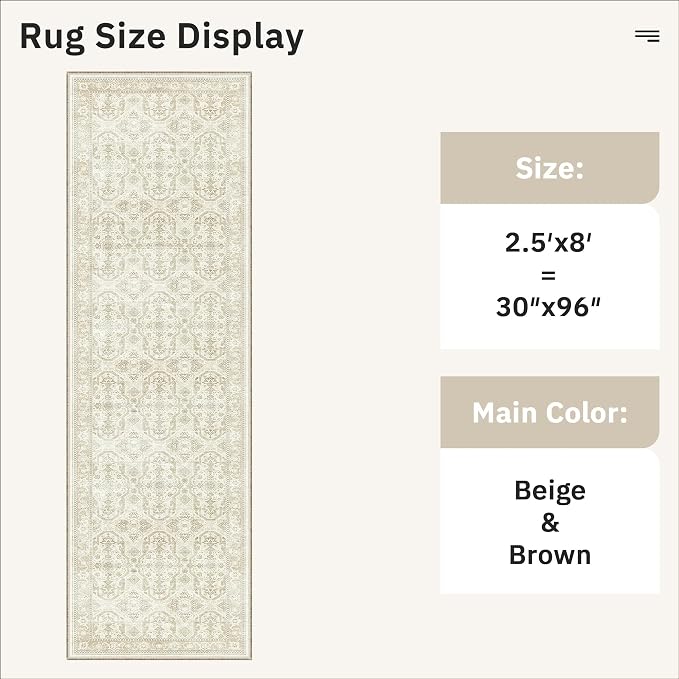 Soalmost Washable Runner Rug 2'6"x8' Kitchen Hallway Runners Beige/Brown | Soft Non-Slip 2.5x8ft Carpet for Entryway Bathroom, Low Pile Vintage Foldable Floor Mat for Corridor Laundry Room Bedroom