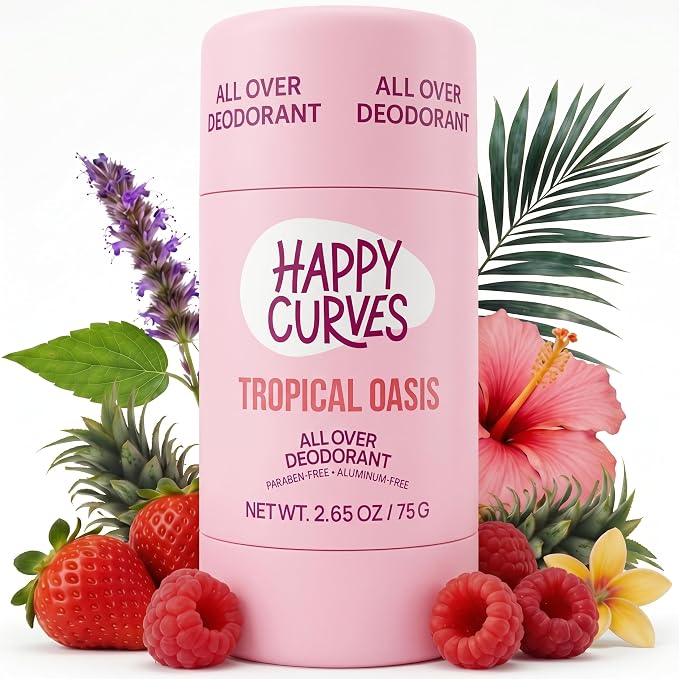 HAPPY CURVES All Over Whole Body Deodorant for Women - Aluminum-Free - Invisible All Day Layer of Full Body Protection for Long Lasting Odor Control, Sensitive Skin, & Private Parts - Tropical Oasis