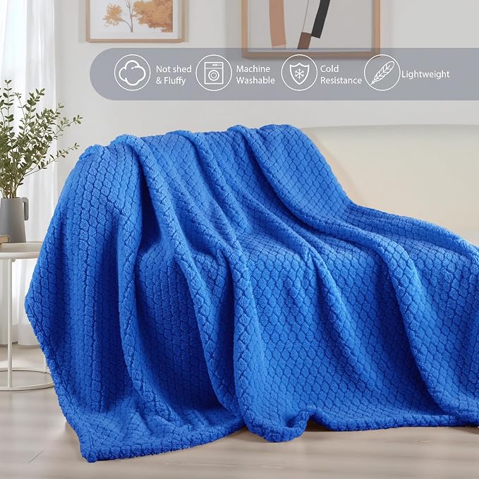 Exclusivo Mezcla Soft Fleece Queen Size Blanket for Bed, Cobalt Blue | Jacquard Lightweight Cozy Bed Blanket, Breathable Decorative Fuzzy Textured All Season Use, 90x90 Inches
