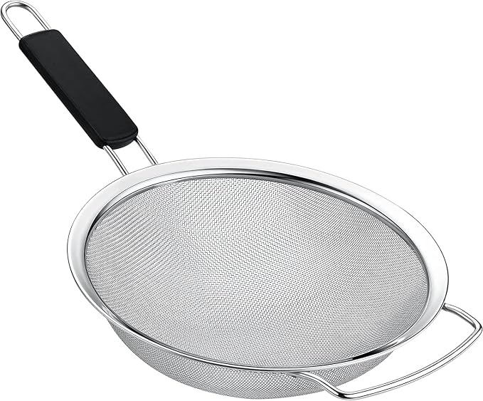 8" Large Fine Mesh Strainer with thermo plastic rubber handle - Sieve Fine Mesh Stainless Steel - Ideal to Strain Pasta, Quinoa and Rice.
