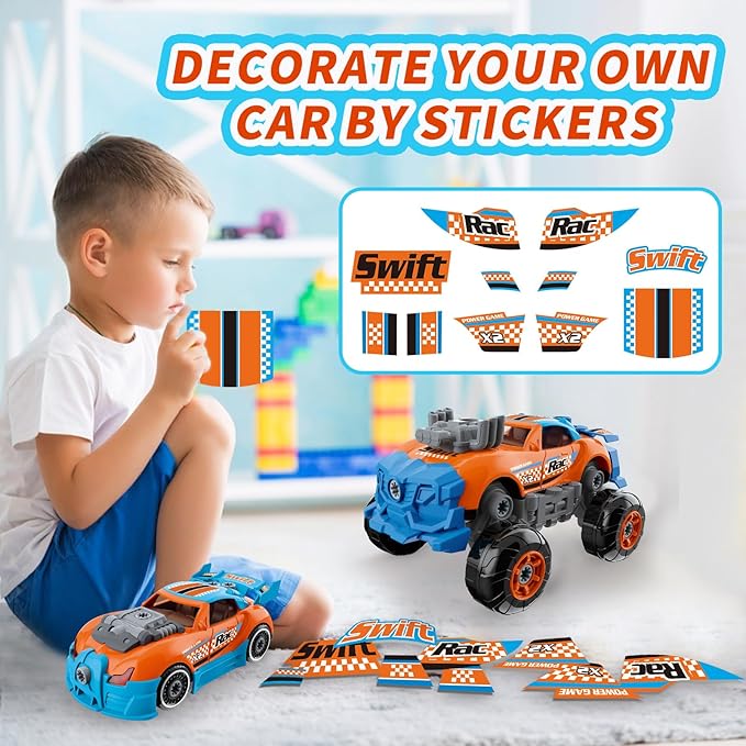 Pup Go 3-in-1 Take Apart Car for Boys Ages 3 4 5 6 7, Building Toys with Electric Drill, 43 Pcs Construction Toy Truck, Build Your Own Car with Play Tools, Ideal STEM Gift for Kids Children (Orange)