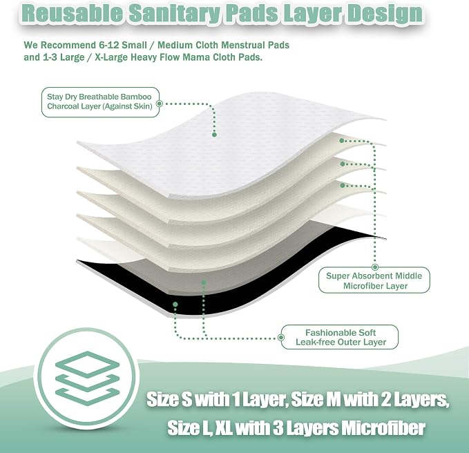 wegreeco Charcoal Reusable Menstrual Pads - Reusable Sanitary Pads | Reusable Panty Liners | Soft Cloth Menstrual - 6 Pack with 1 Cloth Mini Wet Bag (Medium, Black)