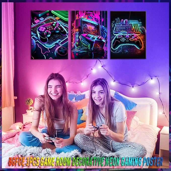 BGFCE Game Room Decor Posters Set of 3 - Neon Gaming Accessories Theme Canvas Wall Art, Gamer Console Paintings Picture Wall Decor for Children Youth Boys Bedroom 12x16 inch Unframed