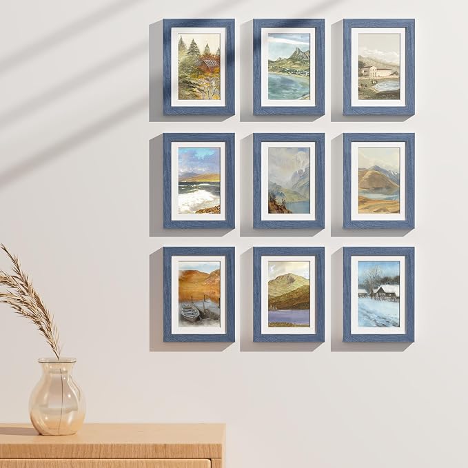 Vittanly 5x7 Picture Frames Set of 9 for Wall or Tabletop Display, Navy | Display Pictures 4x6 with Mat or 5x7 without Mat, Small Photo Frames, Engineered Wood with Shatter Resistant Plexiglass