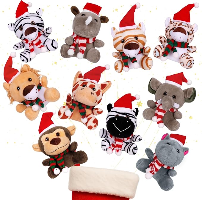 Arrozon 10 Pcs Christmas Small Stuffed Animals Bulk, 6 Inch Mini Plush Toys Stocking Stuffers for Kids, Party Favors, Goodie Bags