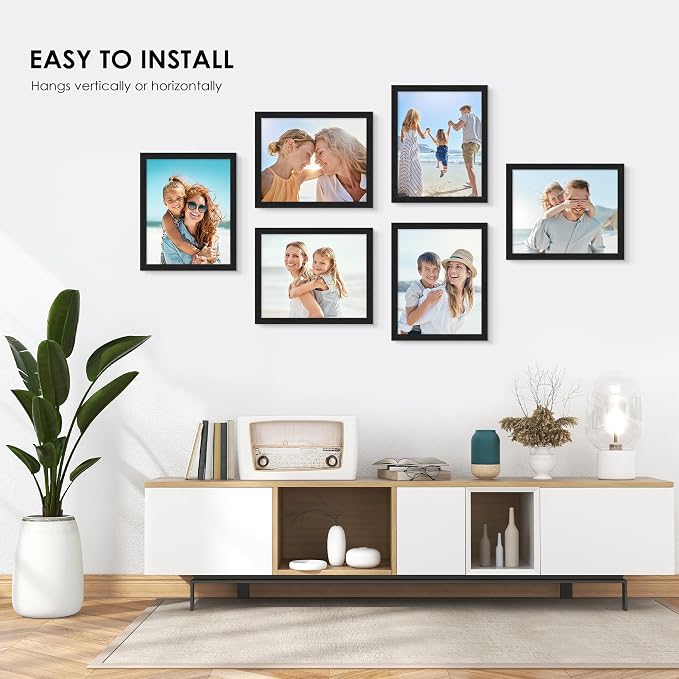 PEALSN 8x10 Picture Frame Set of 6, Black Picture Frames with HD Plexiglass,Wall Gallery Photo Frames for Wall Mounting or Tabletop Display, Black Woodgrain