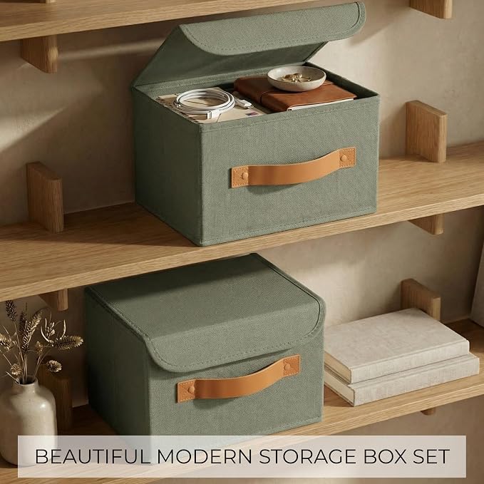 Decorative Linen Storage Boxes with Lids - Spacious Set of 2 Organizer Bins | The Perfect Small Container for Home Decor - Safely Store Photos, Documents and Memory Box Keepsakes in Style