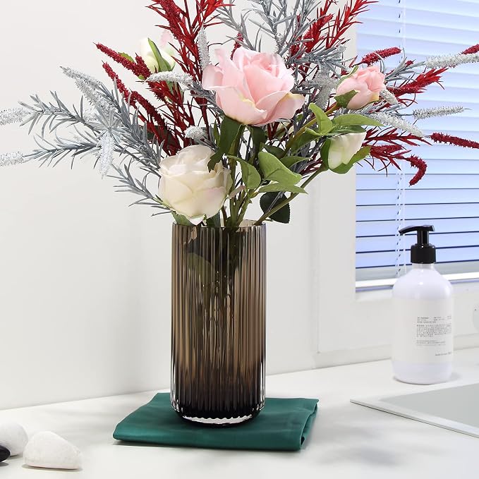 Small Cylinder Ribbed Brown Glass Flower Vase for Farmhouse Dining Table Centerpieces Decor