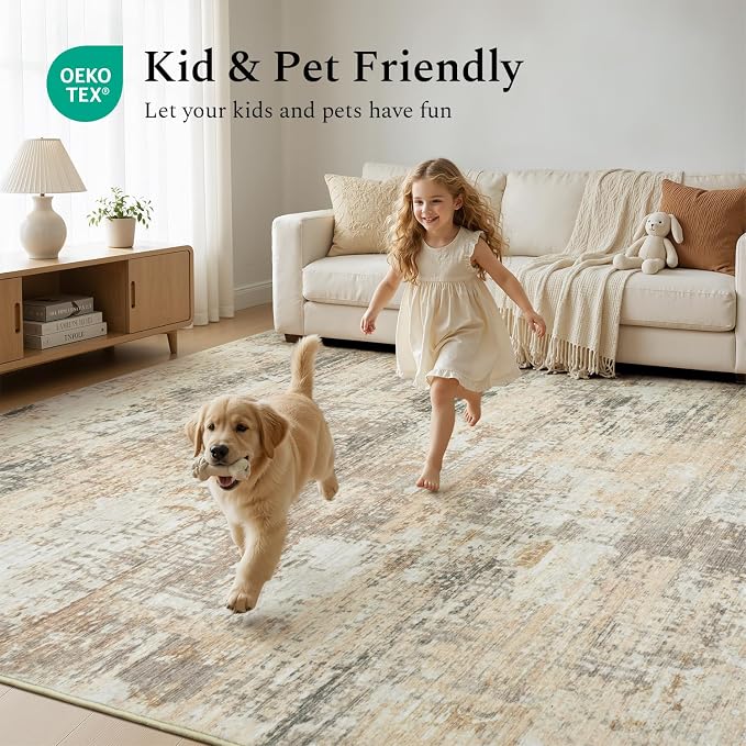 Rugflix 5x7 Area Rugs for Living Room, Washable Gold Beige Grey Large Rug | Machine Washable; Stain-Resistant; Low Pile; Non-Slip; Modern Abstract; Carpet for Bedroom Dining Office Nursery Home