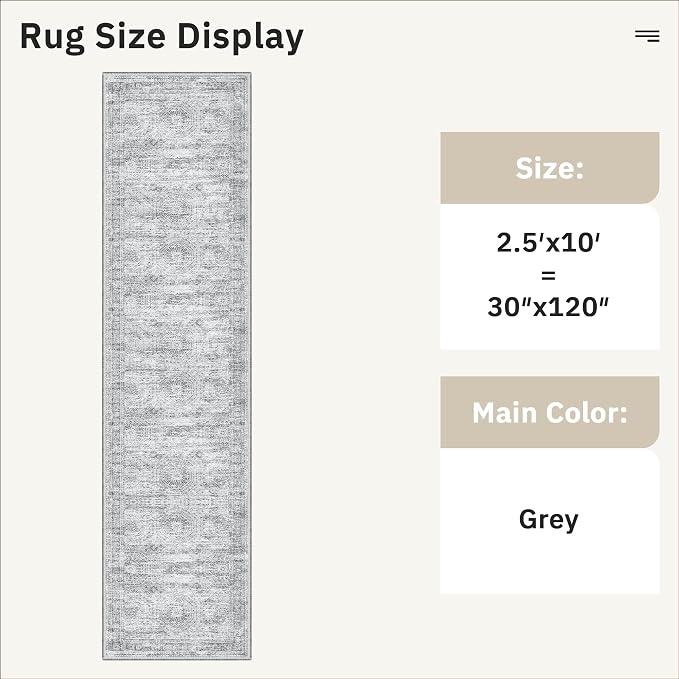 Soalmost Hallway Runner Rug 2'6"x10' Non-Slip Runners for Kitchen Grey | Washable Vintage Long Rugs 2.5x10ft Bathroom, Thin Low Pile Foldable 10ft Floor Carpet Mat for Entryway Corridor Bedroom