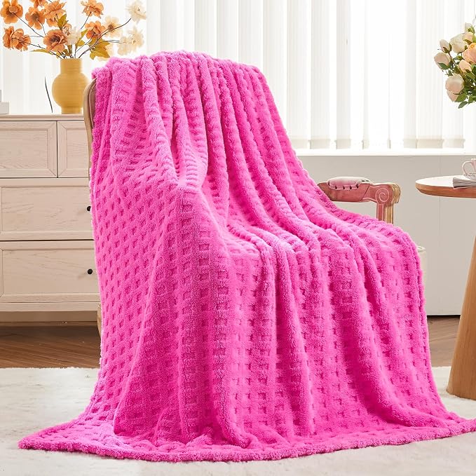 NEWCOSPLAY 3D Waffle Checkered Flannel Twin Blanket, Hot Pink, 60"x80" | Super Soft Cute Lightweight Decorative Premium Silky Fleece Blanket for Couch Sofa Bed, Gift for Women Men, All Season Use