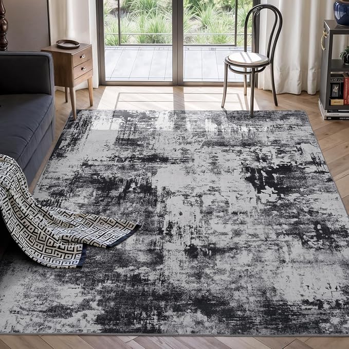 Rugflix 5x8 Area Rugs for Living Room, Washable Black Grey Dark Large Rug | Machine Washable; Stain-Resistant; Low Pile; Non-Slip; Modern Abstract; Carpet for Bedroom Dining Office Nursery Home