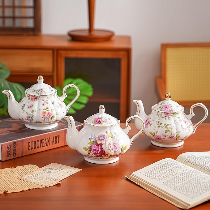 Agyiuns Flower Ceramic Teapot,22oz Porcelain Tea pot for Tea Coffee Milk for Office Home Men Women as Gift (Rose)