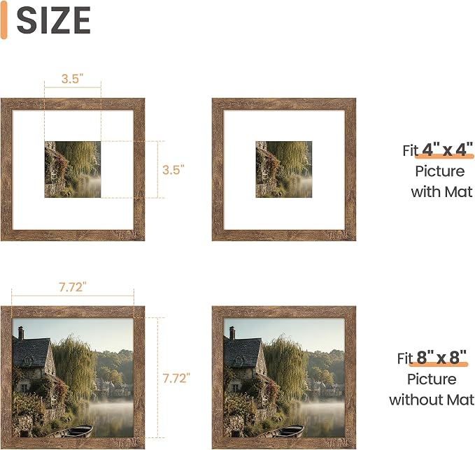 upsimples 8x8 Picture Frame, Display Pictures 4x4 with Mat or 8x8 Without Mat, Wall Hanging Photo Frame, Rustic brown, 1 Pack