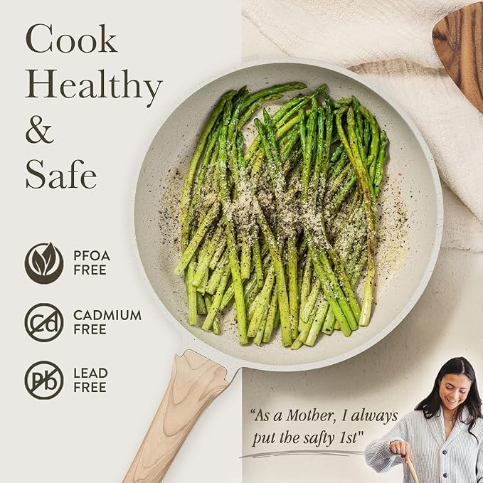 CAROTE 12 Inch Non Stick Frying Pan, Cream White Granite Skillet | Kitchen Healthy Non Toxic Stone Cookware, Induction Compatible, Dishwasher & Oven Safe, PFOA Free
