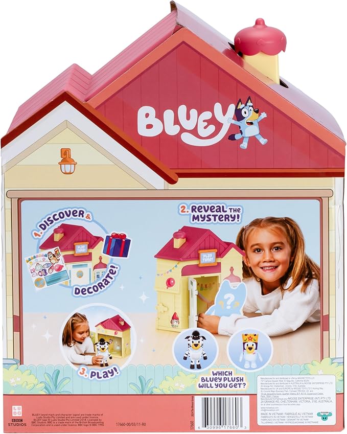 Bluey Play Date Plush Surprise, Decorate House with Stickers, Attach The Play Time Sign, Then Open The Door for a Surprise Plush to Appear, Plush Style May Vary