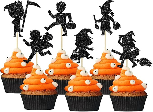 Gyufise 24Pcs Halloween Cupcake Toppers Black Glitter Trick or Treat Halloween Cupcake Pick Decorations for Baby Shower Kids Boys Girls Birthday Party Cake Decorations Supplies