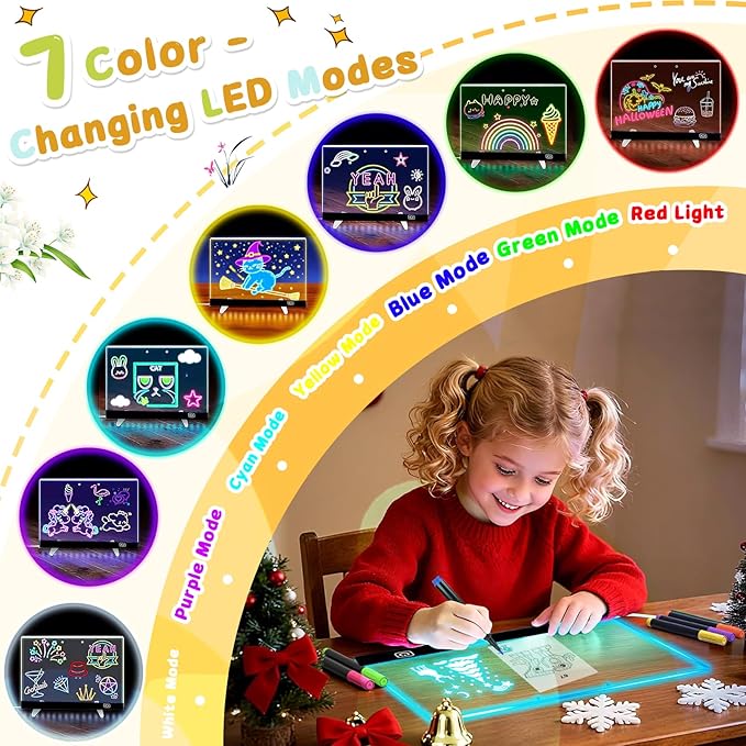 2026 2 Pack Battery Powered LED Drawing Board for Kids Ages 6+, 13.7" x 10" Light Up Dry Erase Boards with Colors, 7 Color Modes, Stand, Markers, Spray Bottle & Italian Brainrot Tracing Booklet