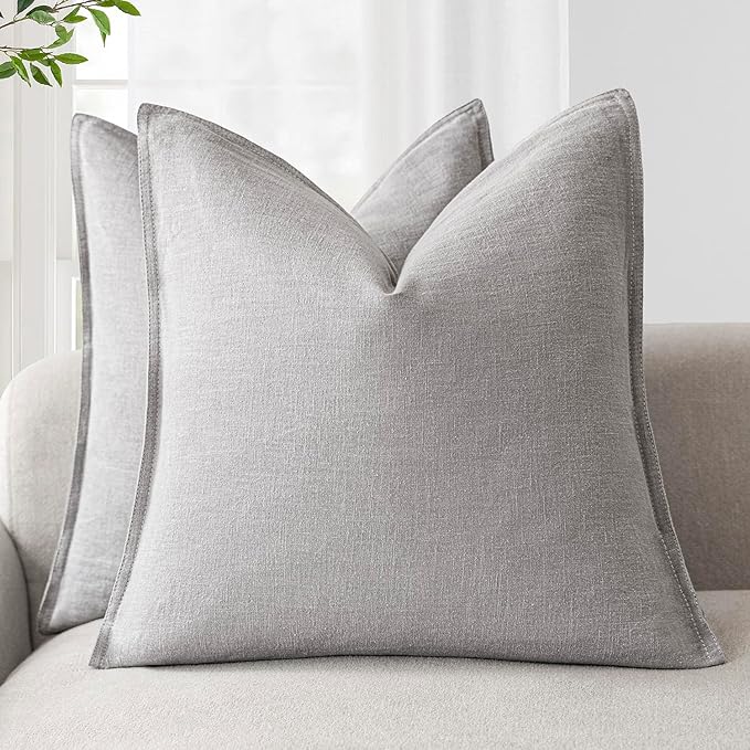Foindtower Pack of 2, Decorative Linen Solid Throw Pillow Covers Soft Accent Cushion Case Boho Farmhouse Pillowcase for Chair Couch Sofa Bedroom Living Room Home Decor 24 x 24 Inch Light Rustic Gray
