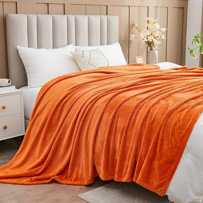 NEWCOSPLAY Fleece Leaves Pattern Throw Blanket, Orange, 50"x60" | Super Soft Throw Blanket, Lightweight Cozy Bed Sofa Blanket, Premium Silky Flannel Fleece, Travel Blanket for All Season Use
