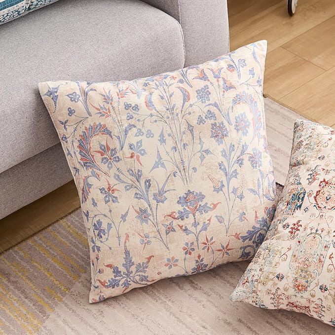 Boho Floral Throw Pillow Covers 16x16 inch Set of 2,Cream Boho Rug Geometric Floral Pattern Decor Double Sided Pattern Cushion Cover Soft Pillow Case Living Sofa Room Bed Square Pillow Cover