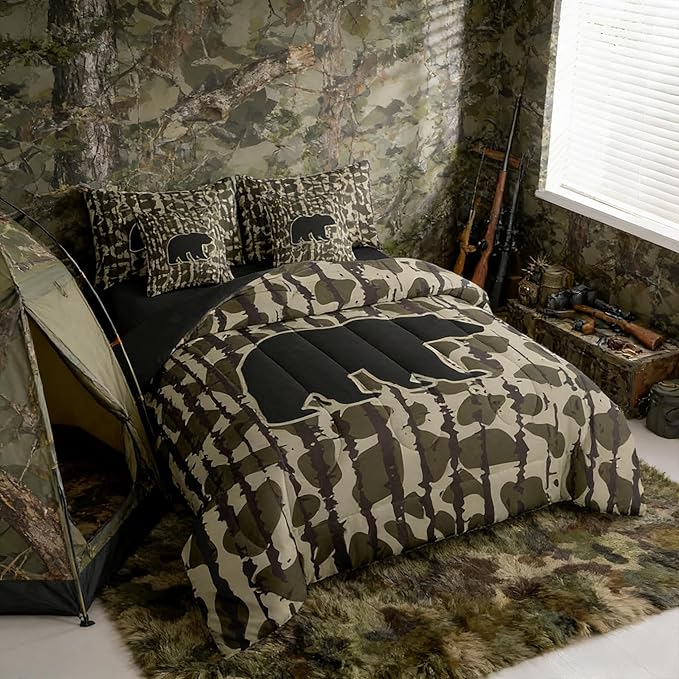 Feelyou Camouflage Camo Bear Comforter Set with Sheets 7 Piece Twin Size Cute Hunting Wild Animal Deer Bedding Set for Kids Boys Girls Rustic Farmhouse Bed in a Bag Decor Soft Lightweight Microfiber