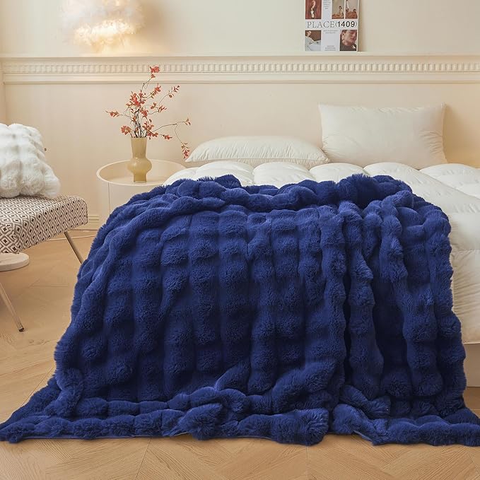 LIFEREVO Luxury Fluffy Faux Rabbit Fur Throw Blanket 60x80, Navy Blue | Plush Fuzzy Bubble Lap Throw for Couch Sofa Office, Soft Cozy Royal Furry Bed Blanket Home Decor, Washable & Skin-friendly