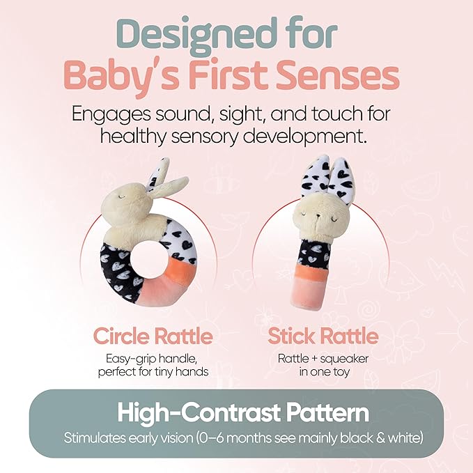 Bella Bunny Sensory Rattle Set – Newborn Rattle & High Contrast Baby Toys (0–6 Months), Soft Plush Bunny Lovey for Play & Gift Giving