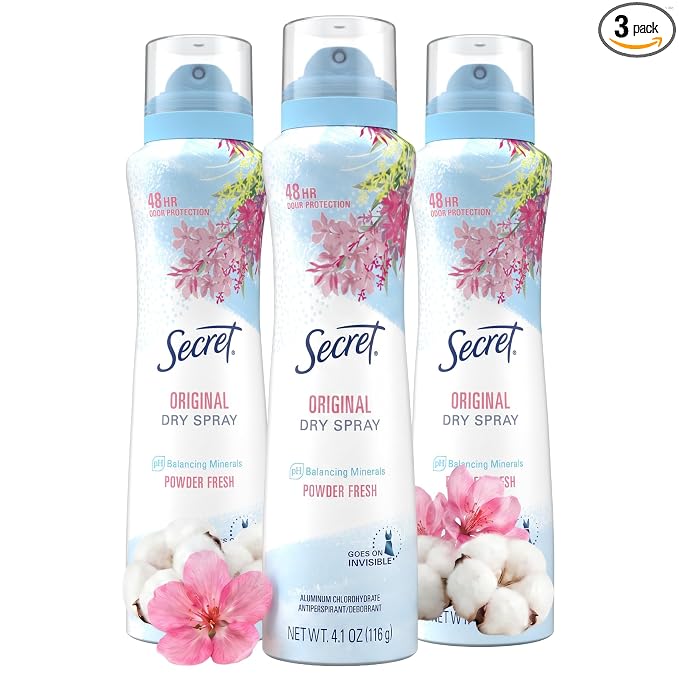 Secret Dry Spray Antiperspirant Deodorant for Women, 48hr Weightless Sweat & Odor Protection, Gentle on Skin, Powder Fresh Scent, 4.1 oz (Pack of 3)