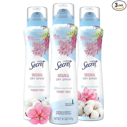 Secret Dry Spray Antiperspirant Deodorant for Women, 48hr Weightless Sweat & Odor Protection, Gentle on Skin, Powder Fresh Scent, 4.1 oz (Pack of 3)