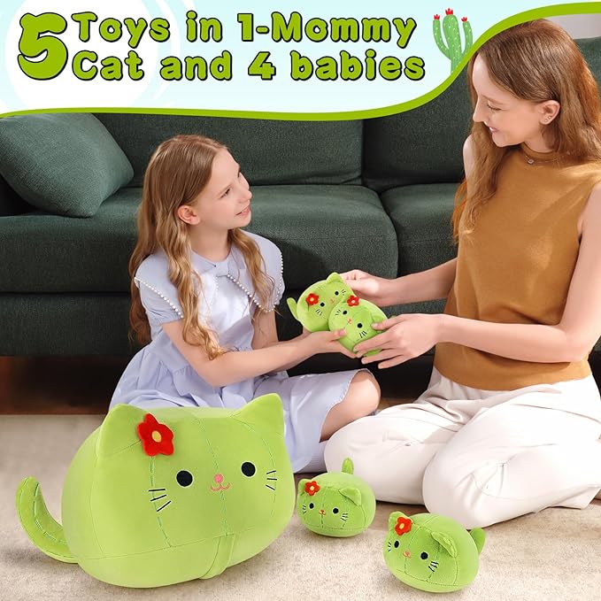 5 PCS Cactus Cat Plush Stuffed Animal Family-19" Soft Cactus Cat Plush, Large Mommy Plushies with 4 Baby Kittens Plushies for Kids, Kawaii Plush Toy Christmas Birthday Gifts for Kids Boys Girls
