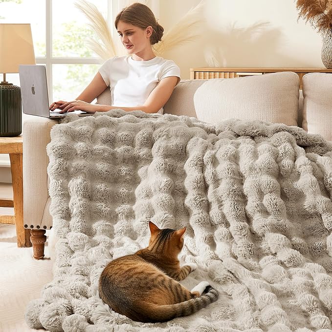 L'AGRATY Faux Rabbit Fur Throw Blanket for Couch, 60'' x 80'', Castle Grey | Soft Cozy Bubble Fluffy Blanket for Sofa Bed, Thick Warm Plush Fuzzy Throw for Room Home Decor, Luxury Gift for Women Mom