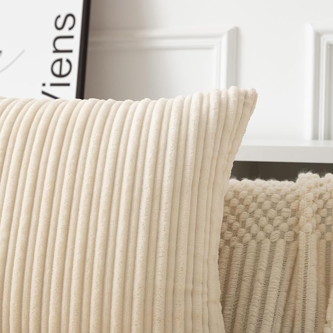 UGASA Decor Corduroy Striped Velvet Cushion Cover Velvet Pillow Covers for Sofa/Couch/Bedroom, 1 Pack, 20"x20"(50x50cm), Cream