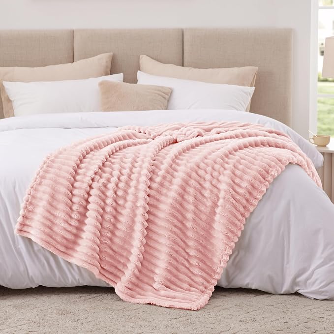 EXQ Home Fleece Throw Blanket for Couch or Bed - 3D Stripe Jacquard Decorative Blankets - Cozy Soft Lightweight Fuzzy Flannel Blanket Suitable for All Seasons(50"×60",Pink)