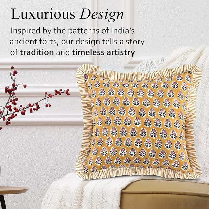 CPC Yellow Citrine Ruffle Throw Pillow Covers for Couch, 24x24 Inch Cotton Stripe Ruffle Couch Pillows for Living Room, Hidden 20 Inch Zipper Boho Pillow Case or Cute Outdoor Ruffle Pillows