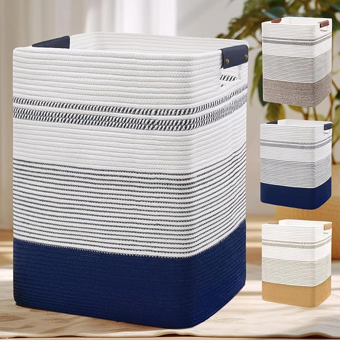 DOFASAYI Laundry Hamper, 85L Cotton Rope Laundry Basket, Dark Blue & White | Foldable nursery hamper with leather handles; store blankets, toys, baby clothes and laundry in bedroom or living room