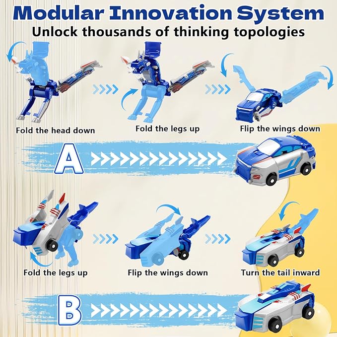 Collision Transforming Dinosaur Car Toy, 2 Magnetic Cars Transform into Dinosaur Toys for Kids Toddler Fun Deformation Robot Dino Car Christmas Birthday Gift Toys for Boys Girls(Blue Dragon)