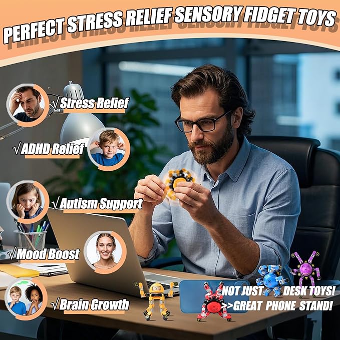 8Pcs Transformable Fidget Spinners for Kids Fidget Toys Teens Adults Sensory Toys with Autism ADHD Stocking Stuffers Bulk Gifts for Boys Girls Party Favors Travel Activities A