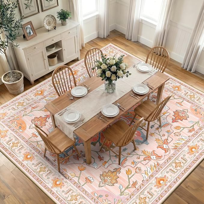 RELEANY Area Rugs Square 10ft Washable Non-Slip, Floral Vintage Distress Medallion Carpet for Living Room Bedroom Dining Room, Light Pink Colorful