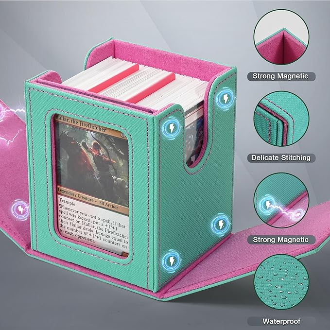 ZLCA MTG Deck Box with Commander Window Display, Trading Card Storage Box Holds 100 Double-Sleeved Cards Suitable for TCG/CCG/PTCG/EDH/Magic/Sport Cards (Aqua&Pink)