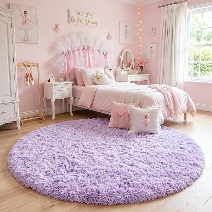 Amdrebio Light Purple Large Round Rugs 7Ft for Girls Bedroom, Fluffy Fuzzy Circle Area Rug for Kids Room Decor Aesthetic, Soft Cute Furry Plush Shag Lavender Carpet for Living Room, Baby Nursery