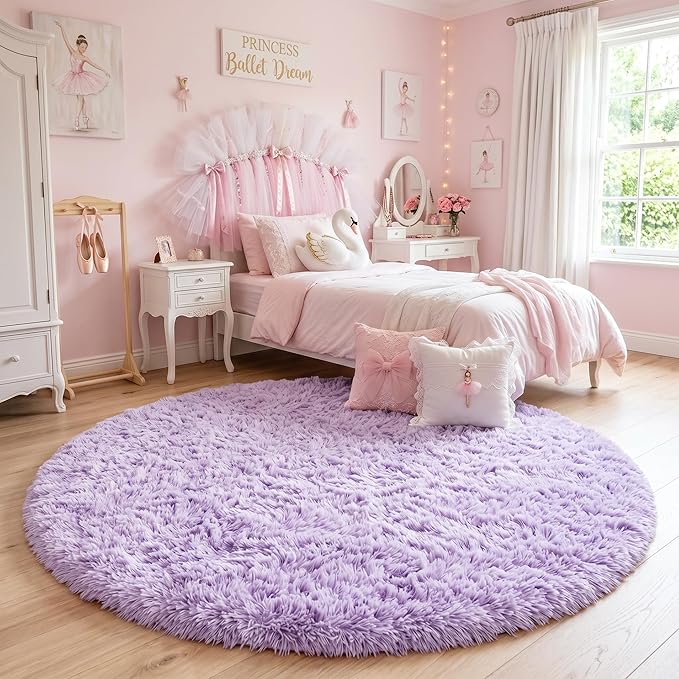 Amdrebio Light Purple Circle Round Rugs 4Ft for Girls Bedroom, Fluffy Fuzzy Area Rugs for Kids Room Decor Aesthetic, Soft Cute Furry Plush Shaggy Lavender Carpet for Living Room, Baby Nursery, Dorm