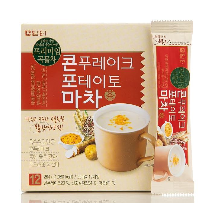 Damtuh Yam (Ma) Tea Powder Drink Mix with Corn Flakes & Potato Flakes – Korean Cereal-Style Instant Hot Drink, Creamy & Smooth, 22g x 12 Stick Packs
