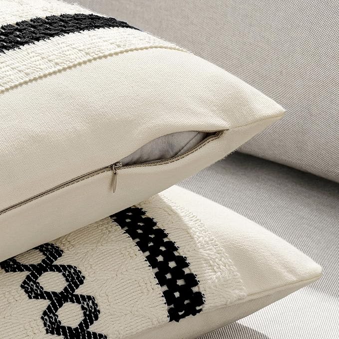 MIULEE Set of 2 Black Boho Decorative Pillow Covers 20x20 Inch | Farmhouse Couch Throw Pillows, Modern Cotton Cushion Covers, Macrame Woven Spring Home Decor for Bed Sofa Chair