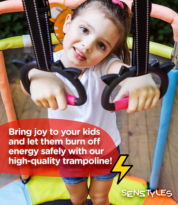 Trampoline for Kids with Safety Enclosure Indoor and Outdoor Toddler Trampoline for Kids Anti Rollover Round Base Double Safety Handles 440 lbs Capacity ASTM Tested Easy Assembly Gift