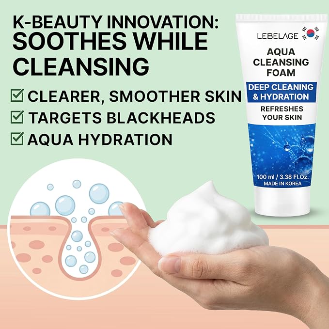 LEBELAGE Korean Aqua Facial Cleanser 3.38 oz | Cleansing Foam Face Wash | Low pH Gentle Hydrating Daily Facial Cleanser Sensitive Skin | Deep Cleansing Foaming Cleanser, Pore Care-All Skin Types