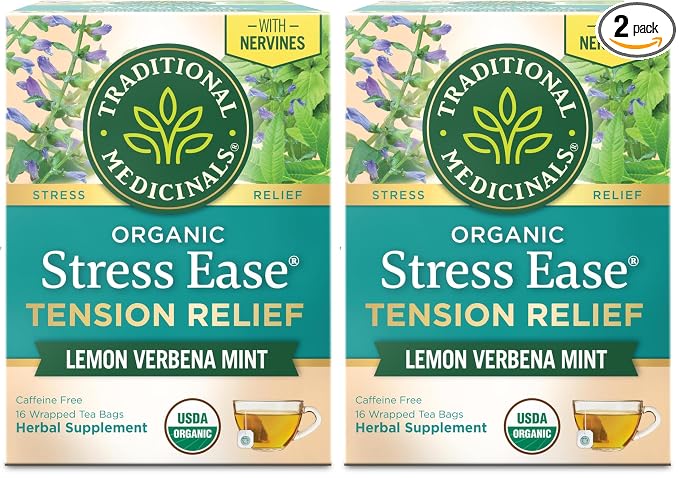 Traditional Medicinals Organic, Stress Ease Tension Relief, Lemon Verbena Mint Tea - Supports Stress Relief - Kosher, Non-GMO, Caffeine-Free, Compostable - 16 Count (Pack of 2)